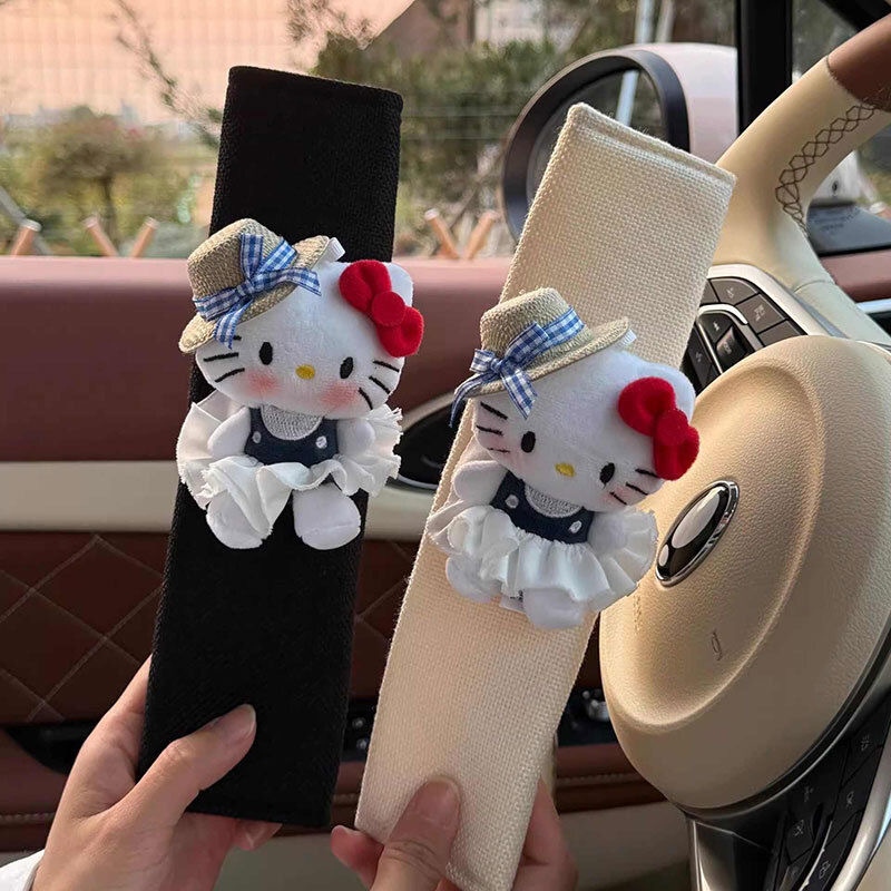 可爱草帽kitty猫安全带护肩套春日出游公仔车载内饰摆件高级感女