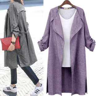 (Трансграничная торговля), осенний лонгслив, куртка, кардиган, длинный плащ, оверсайз, свободный крой, большой размер, из хлопка и льна, средней длины