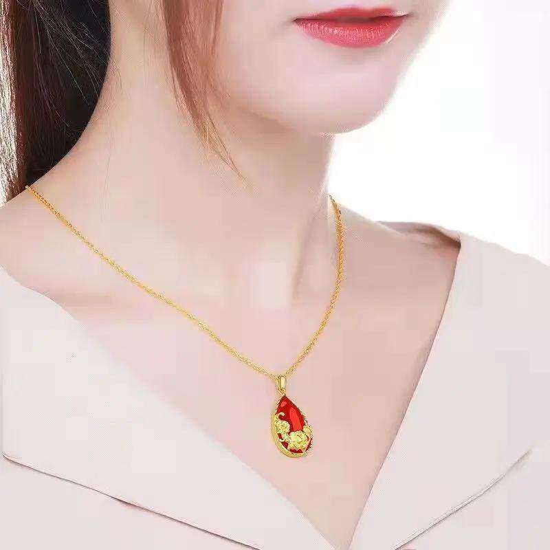 红水滴金色款优雅新中式妈妈吊坠结婚项链合金喜庆玫瑰花吊坠