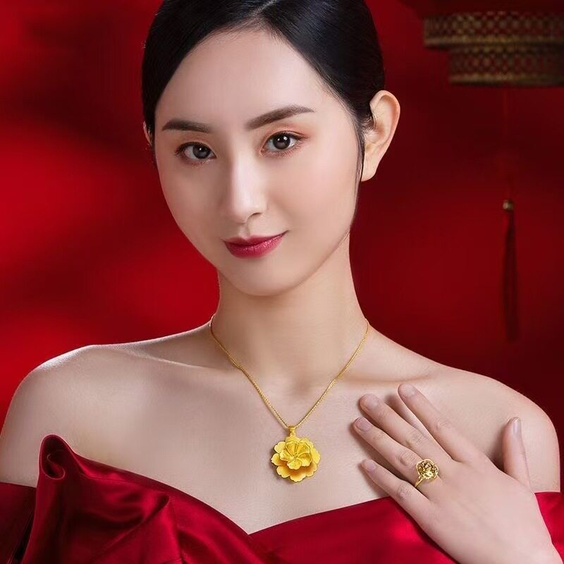 新款时尚牡丹花金色O字链项链女款花朵吊坠项链气质款高级感项链