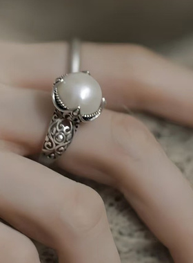 银色珍珠镂空开口食指戒女款