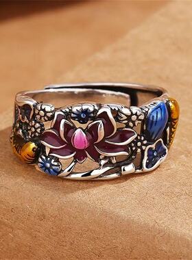 珐琅荷花锦鲤银戒0606