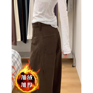 麋鹿少女2026新厚绒牛仔裤棕咖色加绒阔腿裤女裤子大码直筒弯刀裤