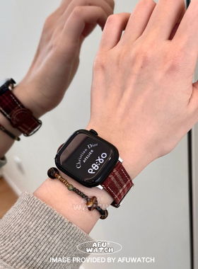 【复古格纹】适用iwatchsS11苹果表带10秋冬复古98新款se小众拼色