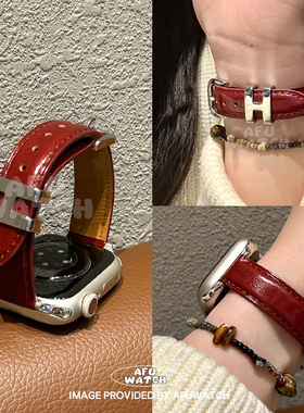 【H扣亮面皮】适用苹果iwatchS11秋冬表带10皮质金属se百搭98新款