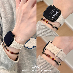 适用iWatchs11苹果表带se运动透气女小腕9 小蛮腰硅胶磁吸细款