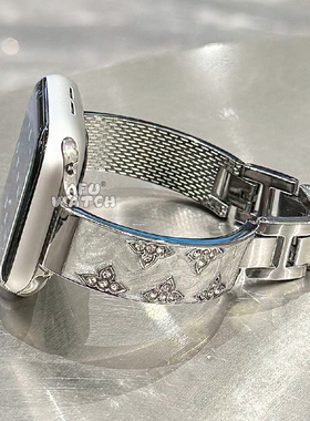 适用苹果iwatchS11手表表带S10/9/8SE高端精致三叶镶钻手镯式金属