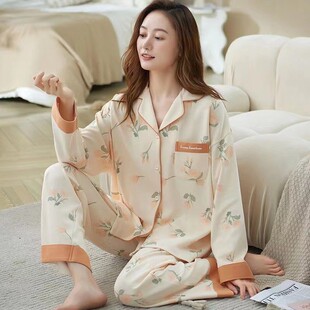 睡衣女士100 纯棉春秋款新款长袖秋冬薄款大码家居服套装