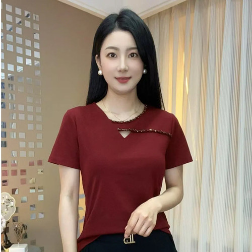 镶砖短袖弹力棉纯色修身打底衫女