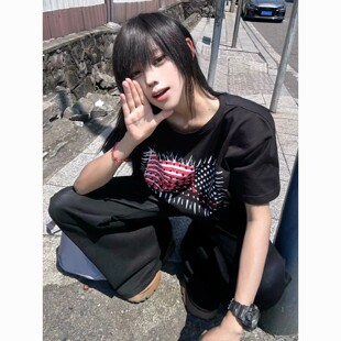 日系亚比Y2K小众旗帜印花上衣修身显瘦宅系亚文化视觉系短袖T恤女