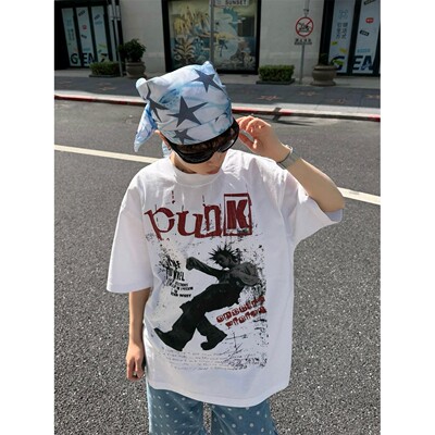 美式潮牌朋克人像做旧印花短袖T恤男女街头纯棉宽松休闲显瘦半袖