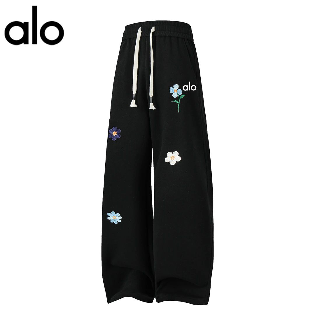 官方奥特莱斯】alo潮牌 秋季新款小花刺绣休闲裤美式宽松运动卫裤