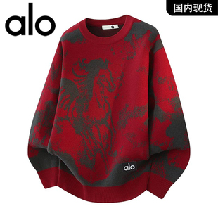 官方奥特莱斯2026马年红色提花圆领毛衣男款春秋冬设计感针织衫