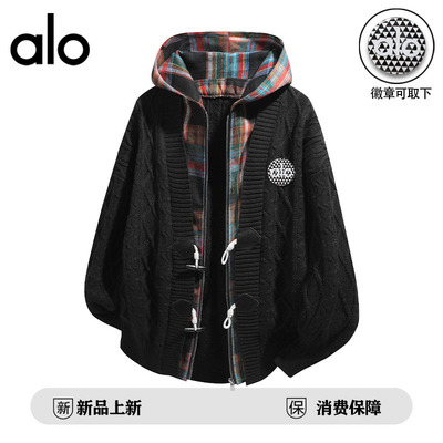 官方奥特莱斯】alo潮牌 秋冬季格子连帽假两件男女开衫保暖毛衣