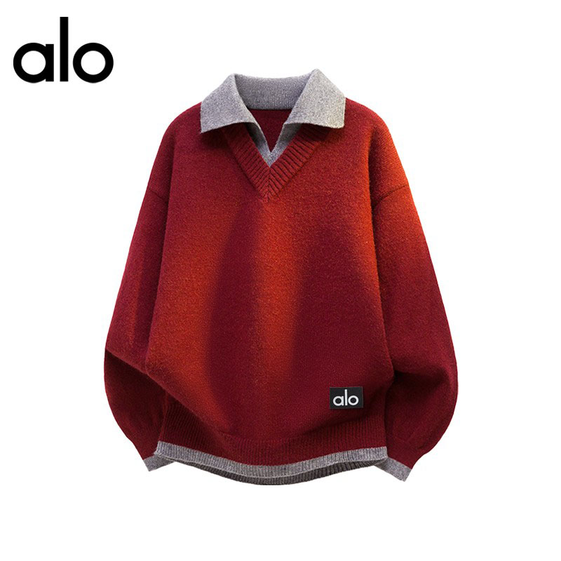 官方奥特莱斯】alo潮牌 秋冬新款翻领针织衫宽松加厚复古休闲毛衣