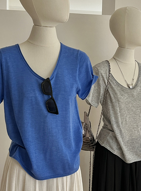 蓝色羊毛针织短袖t恤女夏薄款正肩显瘦 软糯百搭宽松简约打底上衣