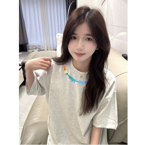 2026夏季彩虹刺绣宽松短袖T恤女