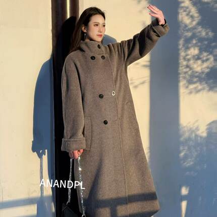 立领骆马绒大衣双排扣女装茧型外套宽松高端大衣羊驼毛