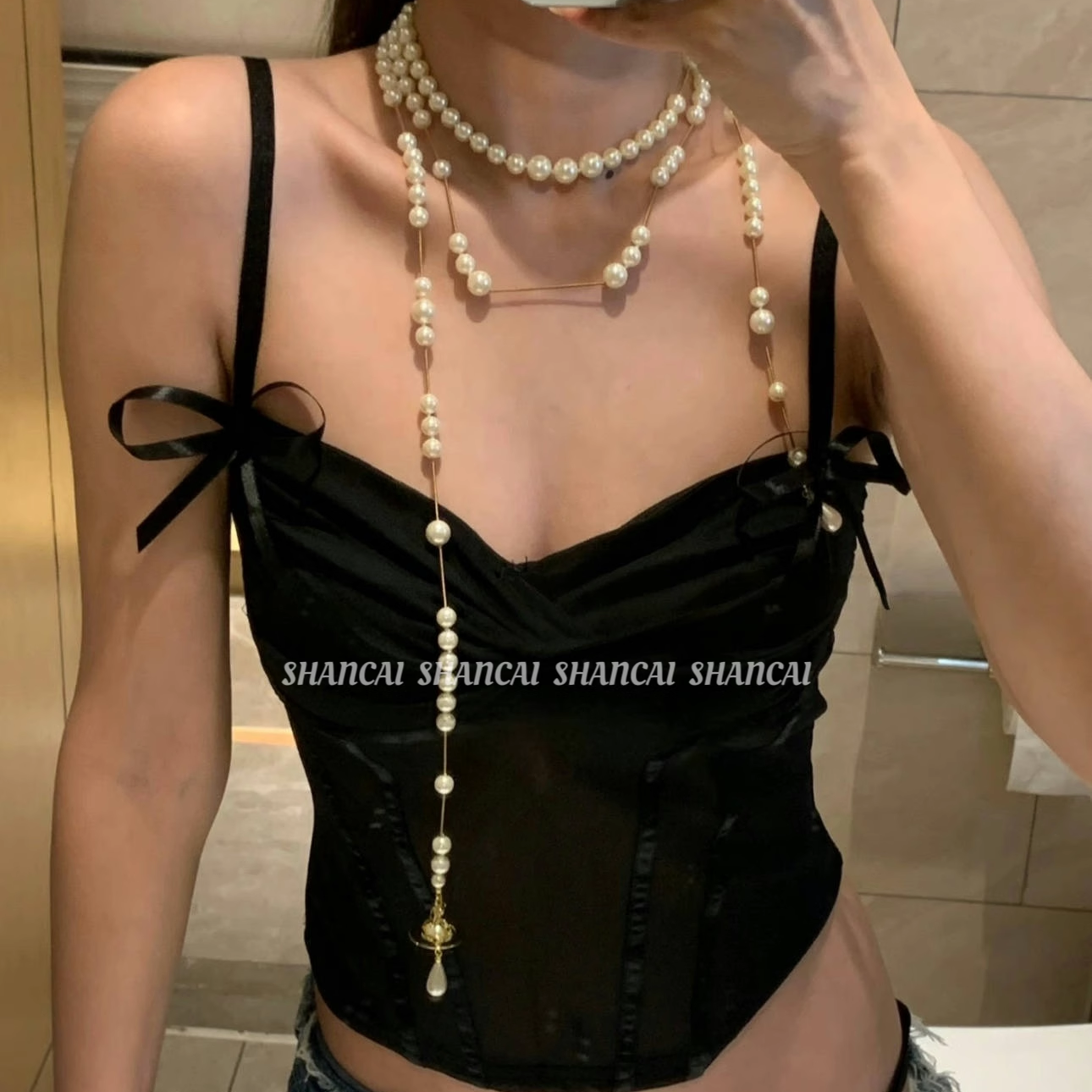 SHANCAI |破碎珍珠立体土星项链轻奢辣妹小众叠戴锁骨链