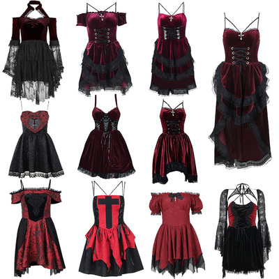 暗黑哥特蛋糕裙蕾丝吊带连衣裙