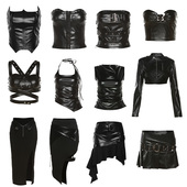 外套辣妹 抹胸吊带开衩短裙长袖 鬼妍JAZZ女团打歌服PU皮质套装 短款