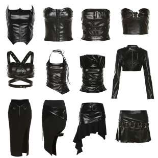 外套辣妹 抹胸吊带开衩短裙长袖 鬼妍JAZZ女团打歌服PU皮质套装 短款