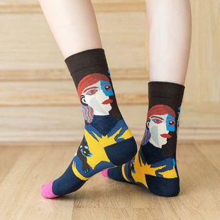 欧美花袜子复古高筒袜ins长款 复古抽象情侣袜长筒高帮花袜子