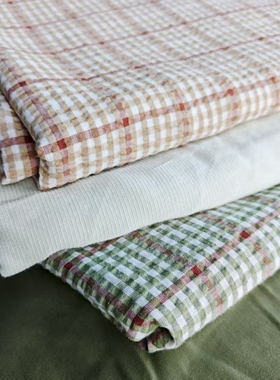 卡其驼绿色格子面料 化纤泡泡格面料 娃衣衬衫裙子手工DIY 半米