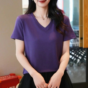 夏季新款V领短袖T恤女2025气质纯色百搭宽松显瘦洋气弹力女士上衣
