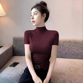 安可拉红半高领短袖 T恤打底衫 女内搭夏春秋 新款 2025新款 洋气上衣