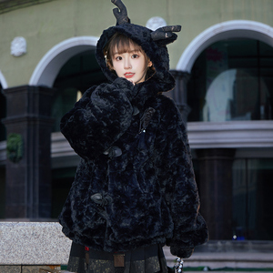 十三余小豆蔻儿[小龙崽]冬季国风日常可爱少女黑色毛绒外套女新款
