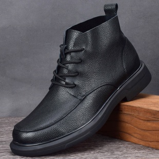 秋冬真皮男士皮靴休闲高帮皮鞋宽脚厚底防滑头层牛皮马丁靴男中帮