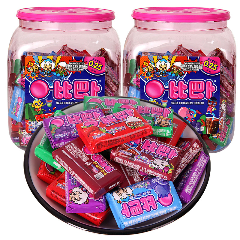 比巴卜泡泡糖带贴纸罐装柠檬西瓜草莓葡萄蓝莓口香糖儿童怀旧零食