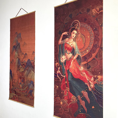 竹帘挂画中式壁挂装饰画竹席挂帘复古国画竹丝中国风玄关壁画竖版