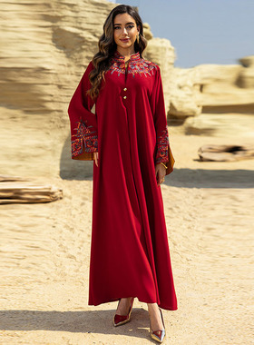 中东阿拉伯气质长袍子红色刺绣绣花长袖连衣裙民族风新疆女人长裙