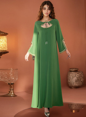 女装欧美重工手缝钻绿色袖口挖洞连衣裙阿拉伯民族风轻奢长袖长袍