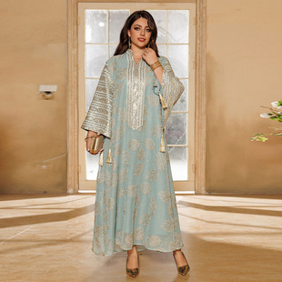 土耳其中东刺绣亮片长袍女士时尚长袖聚会礼服阿拉伯宽松度假长袍