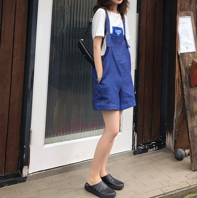 FFAN泛泛減齡顯瘦 亞麻背帶褲女夏新款ins超火的連體褲 寬松短褲
