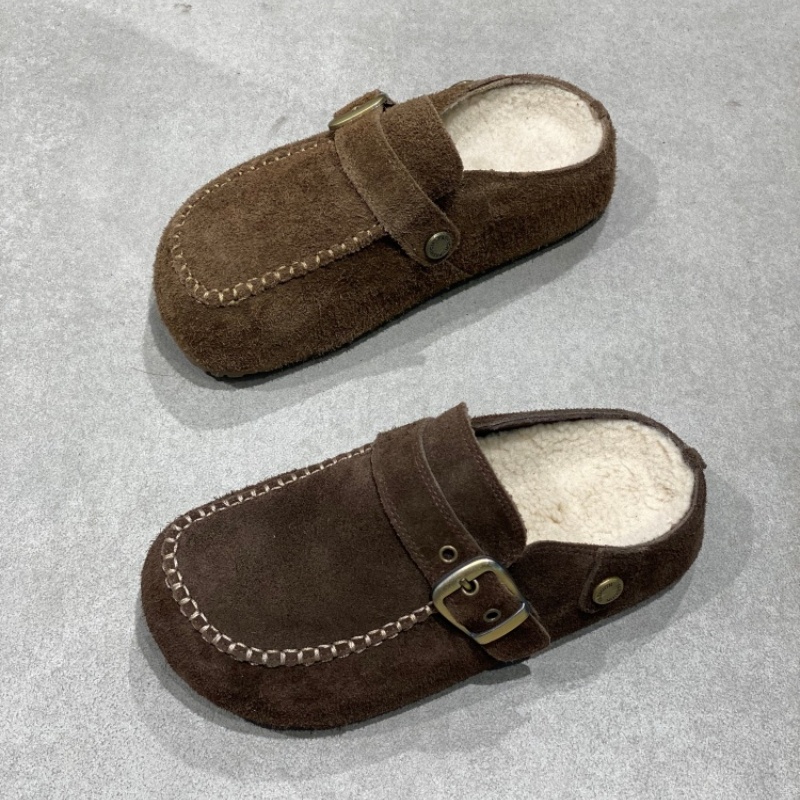 反绒皮勃肯鞋女2025冬季新款加绒一脚蹬羊羔毛懒人鞋包头半拖鞋女