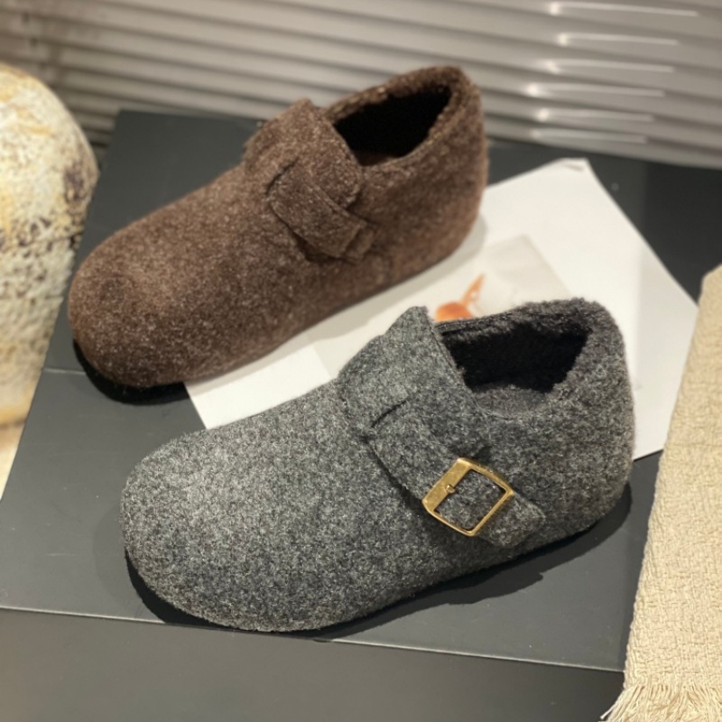 毛绒勃肯鞋女2025冬季金属扣复古一脚蹬懒人鞋百搭舒适软底休闲鞋