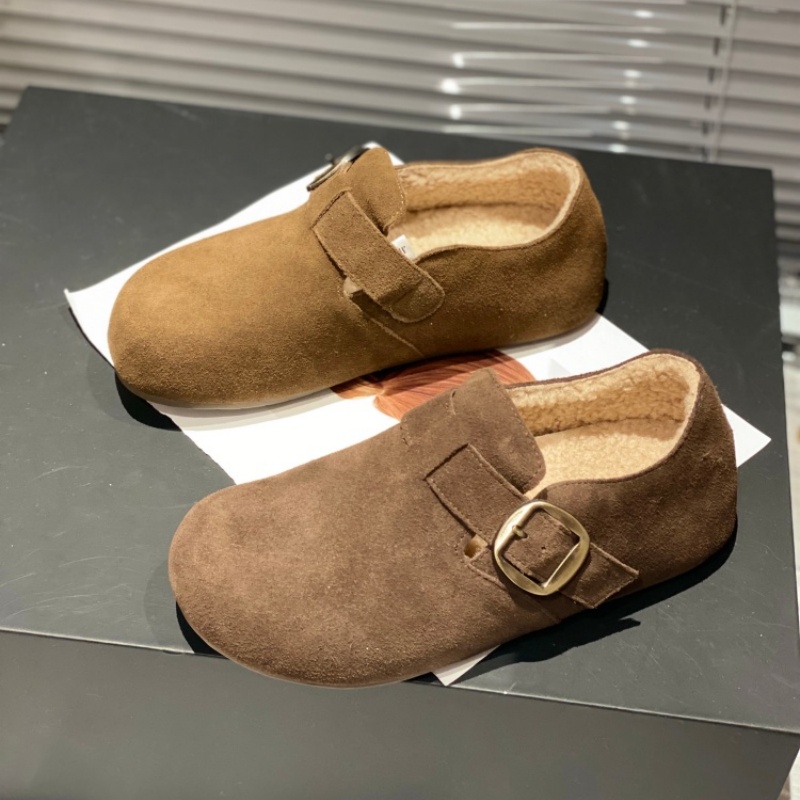 反绒皮勃肯鞋女2025新款加绒舒适一脚蹬防滑圆头休闲平跟保暖单鞋