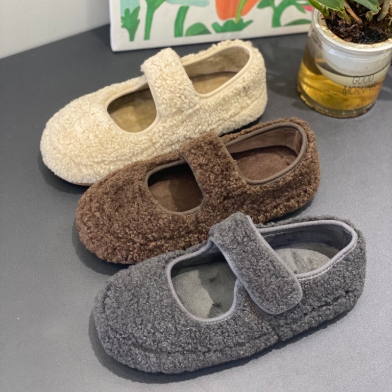 毛绒玛丽珍勃肯鞋女2025冬季新款魔术贴一脚蹬保暖软底舒适平底鞋