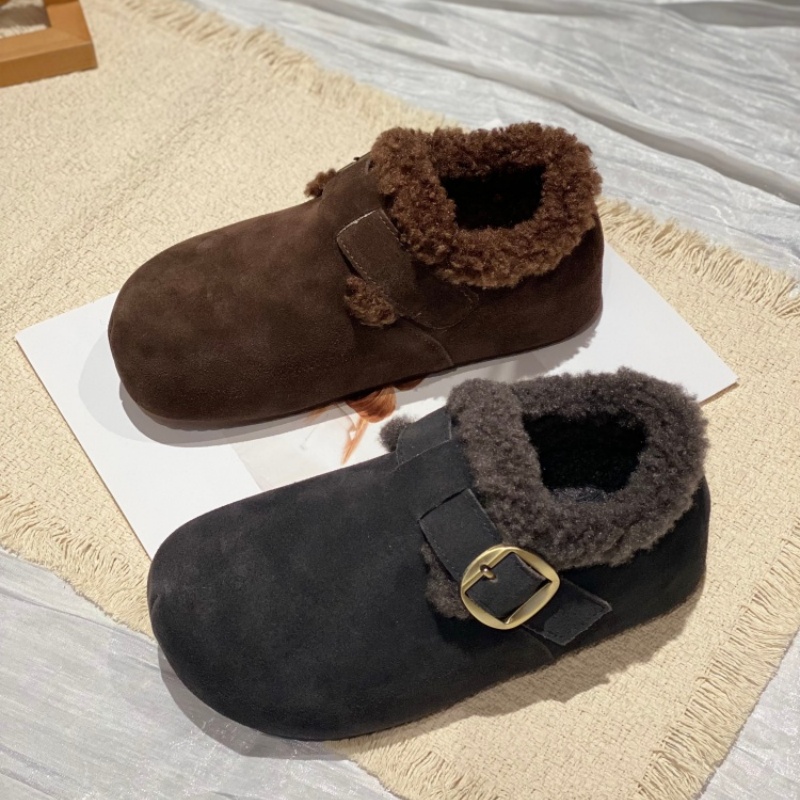 毛绒勃肯鞋女2025冬季新款加绒懒人外穿舒适百搭反绒皮勃肯拖鞋女