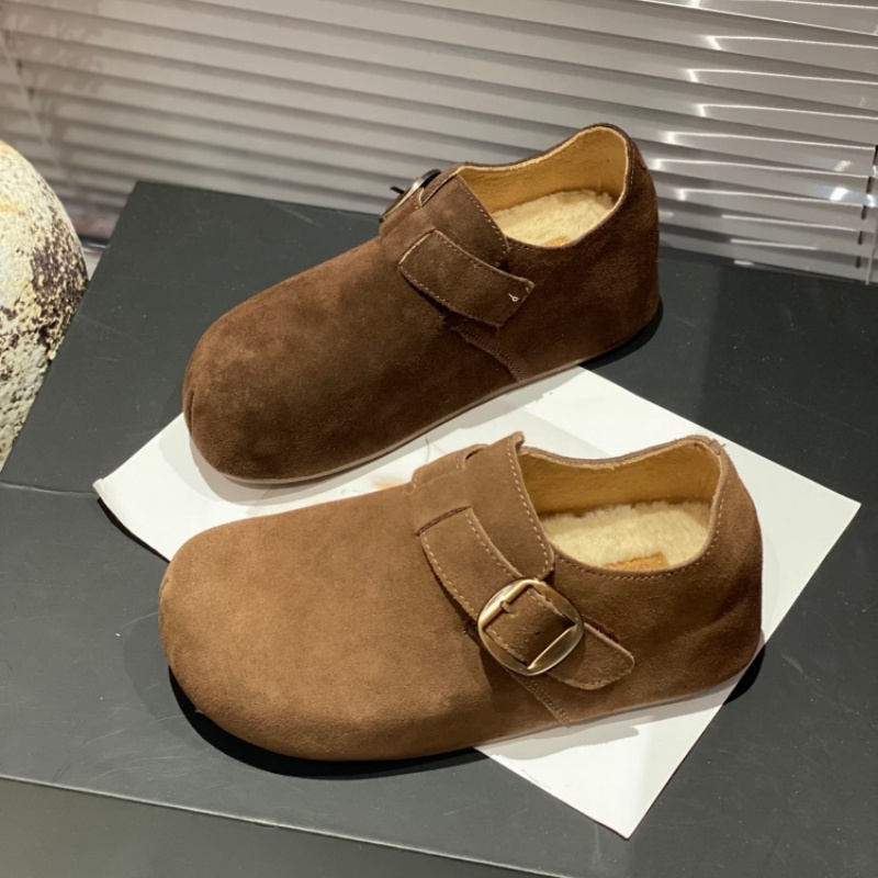 反绒皮勃肯鞋女2025新款加绒厚底内增高百搭全包休闲一脚蹬懒人鞋