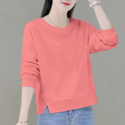纯棉圆领长袖t恤女春秋季新款韩版大码宽松显瘦百搭洋气减龄上衣