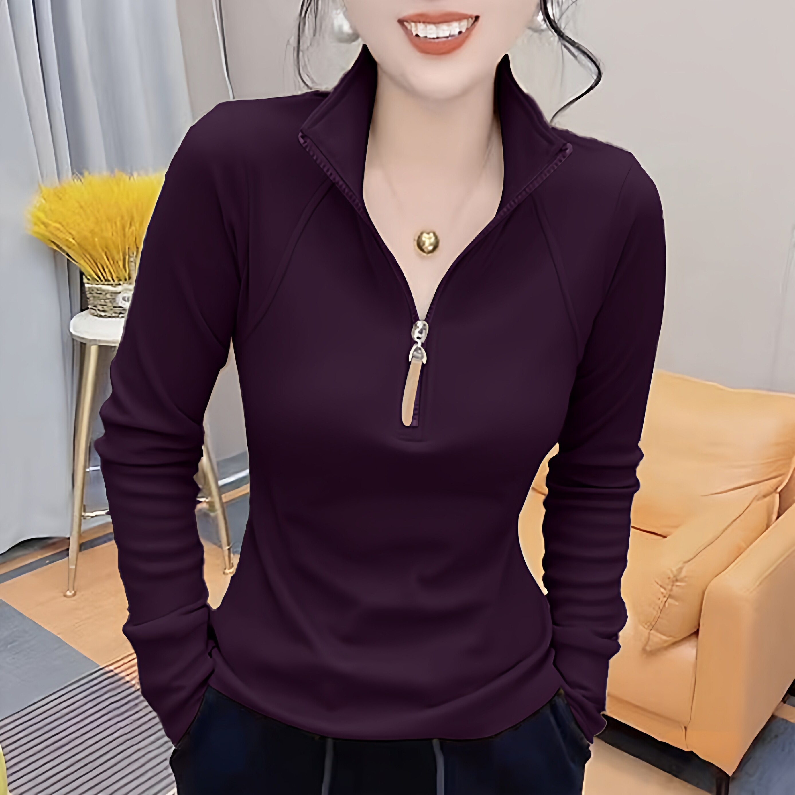 德绒半高领拉链长袖t恤女春秋冬季新款韩版时尚立领保暖外穿上衣