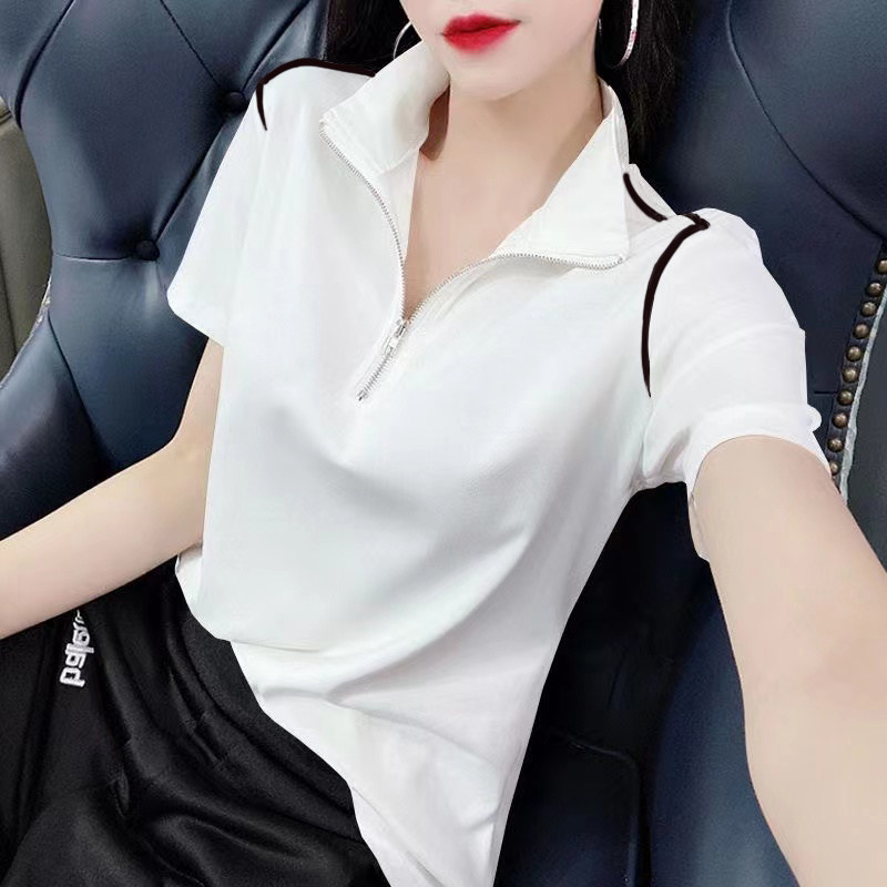 纯棉短袖T恤女夏季新款拉链POLO立领修身显瘦百搭洋气大码女上衣
