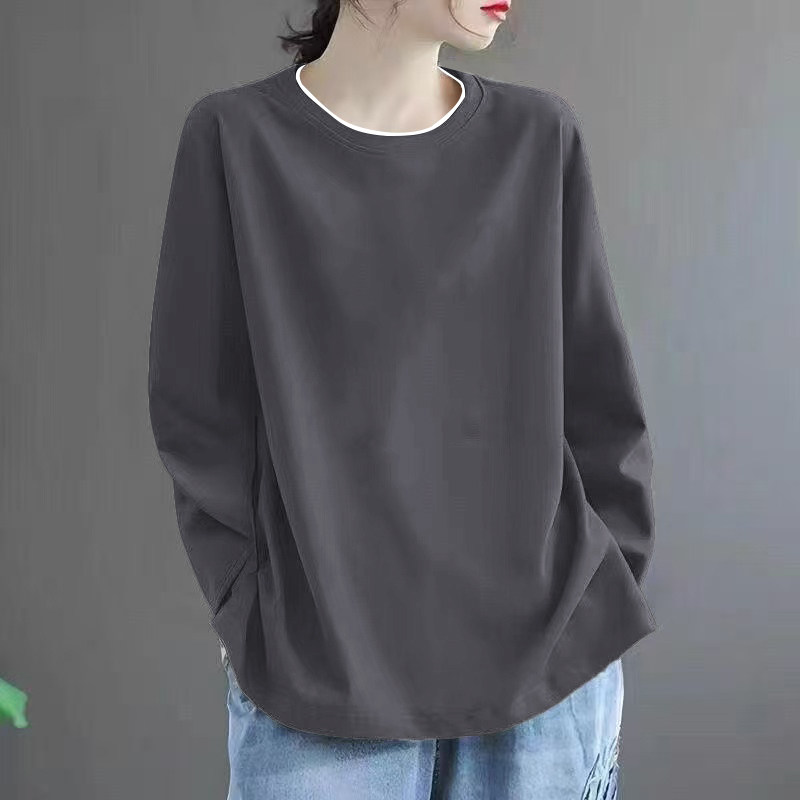 春秋季长袖t恤女大码宽松2025新款韩版时尚洋气百搭圆领纯色上衣