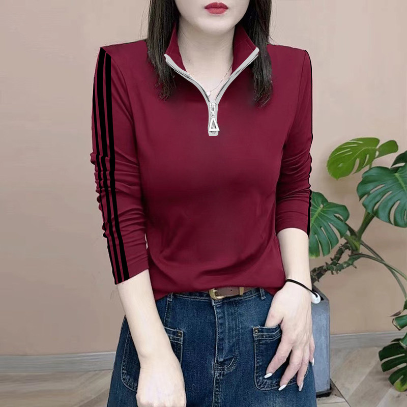 100%纯棉长袖t恤女春秋新款韩版修身显瘦百搭洋气半拉链立领上衣