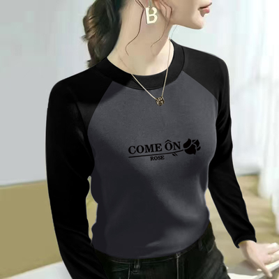 100%纯棉插肩撞色长袖T恤女春秋季新款时尚洋气百搭宽松休闲上衣